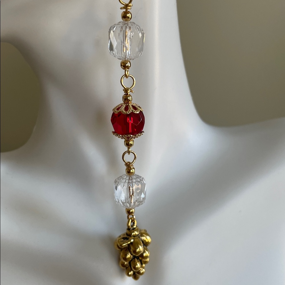 HAND CRAFTED GOLD & RED HOLIDAY DANGLE EARRINGS Long Crystal & Pine Cone Dusters